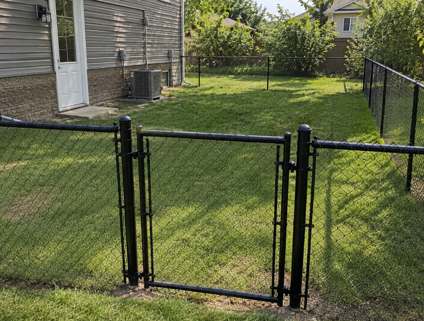 Black chain-link gate with backyard enclosure