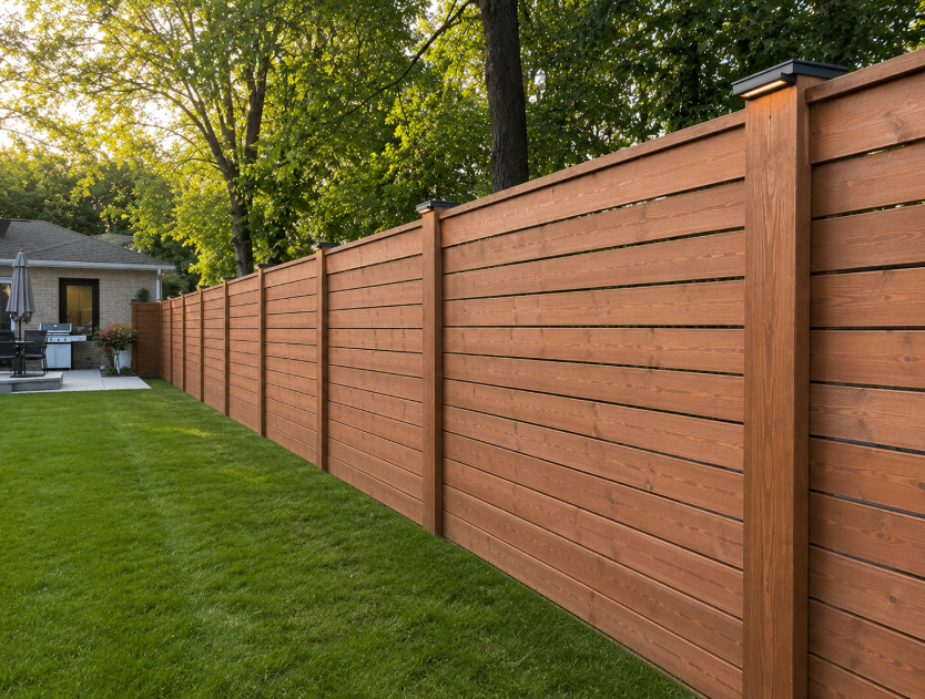 Horizontal cedar-stained privacy fence along backyard lawn