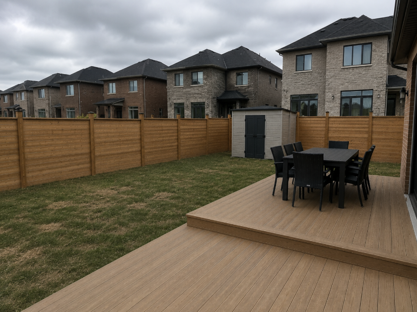 Two-tier composite deck with patio dining set
