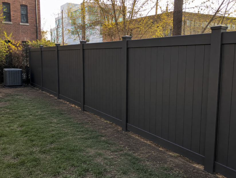 Black vinyl privacy fence along side yard