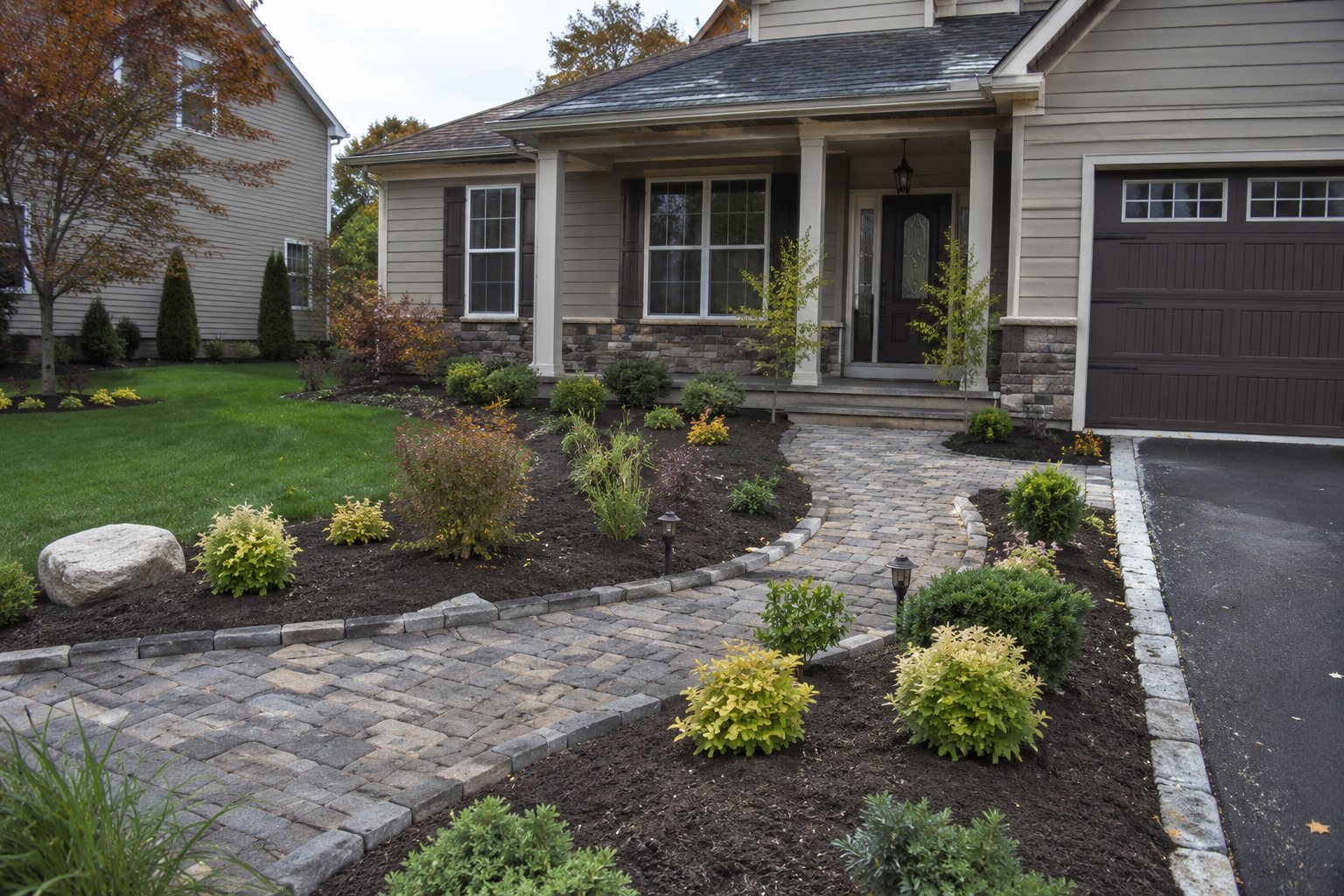 Custom paver walkway with manicured front-yard deck & fence by Craft Deck and Fence Ottawa