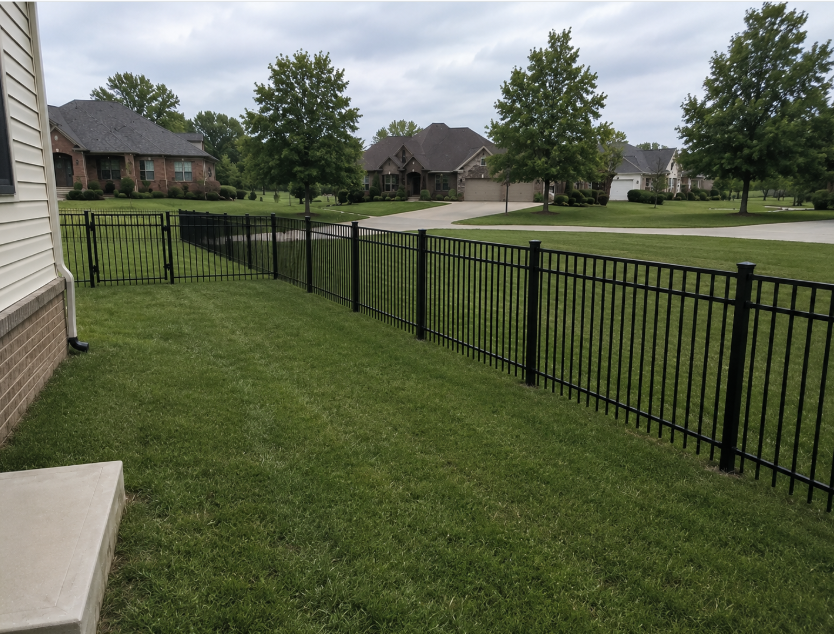 Black aluminum picket fence along front lawn