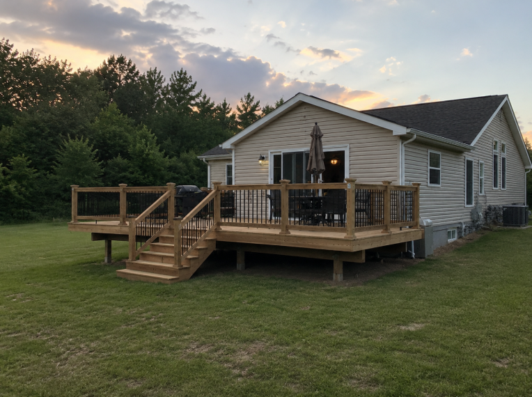 Elevated backyard deck at sunset